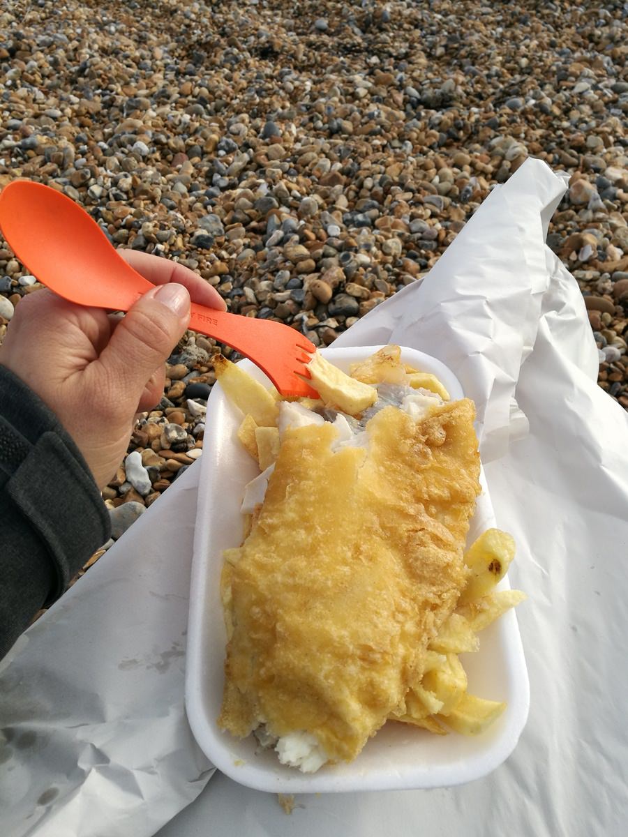 Fish & Chips am Strand von Brighton - mit der eigenen Gabel, aber leider mit Styropor. Warum, Fish & Chips ging doch schon immer mit Zeitungspapier...